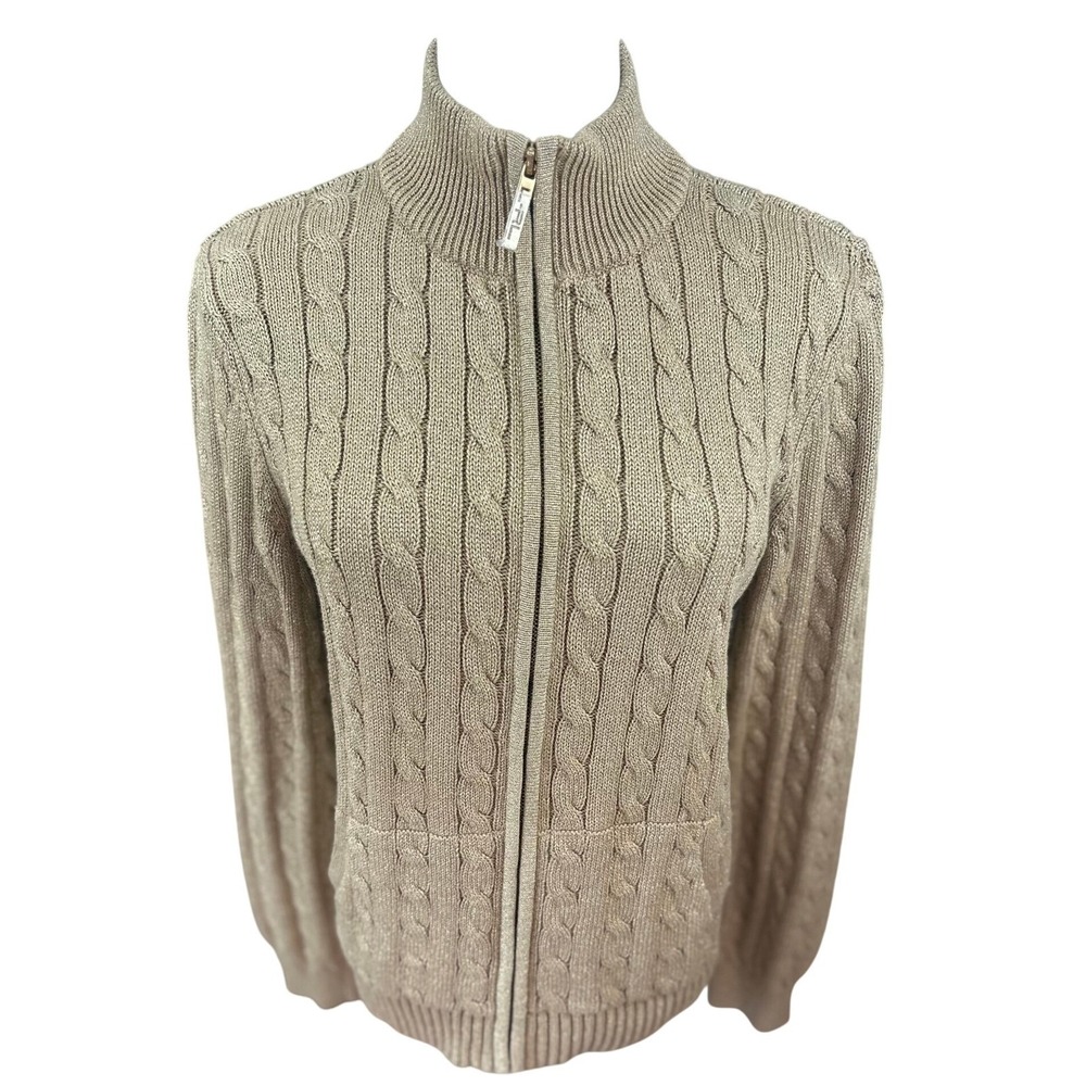 LRL Lauren Active NWOT Petite Cable Knit Zip Up Sweater Metallic Gold Beige P/G